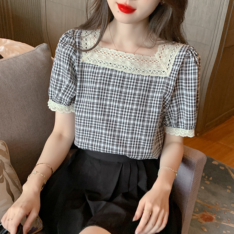 Plaid Korean style spring shirt splice short sleeve tops
