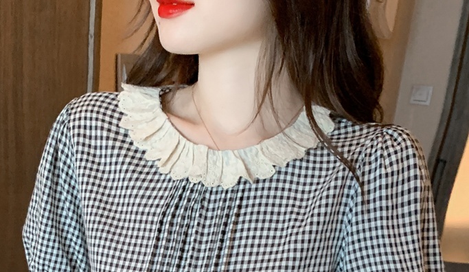 Plaid round neck tops Korean style short sleeve shirt for women