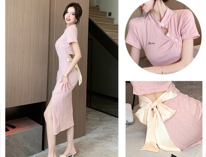 Frenum bow dress split cheongsam for women