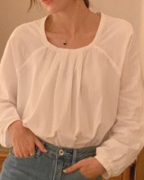 Long sleeve splice lace round neck simple shirt
