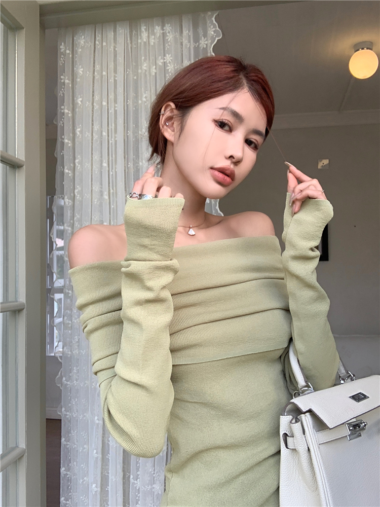 Strapless long sleeve tops flat shoulder slim sweater