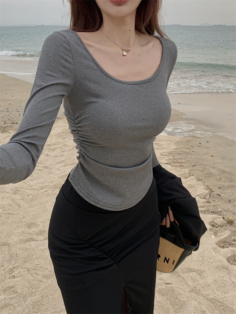 Gray U-neck split bottoming shirt slim mermaid tops 2pcs set