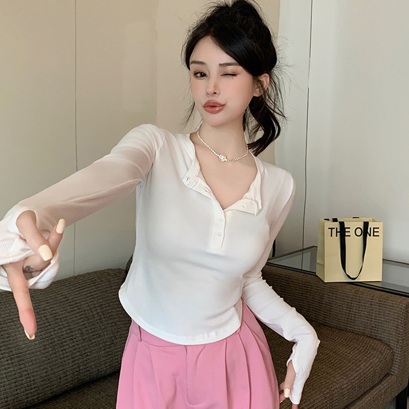 Long sleeve navel tops breasted bottoming shirt for women