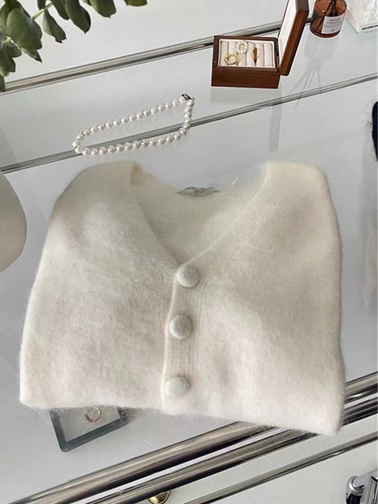 White knitted sweater Korean style V-neck tops for women