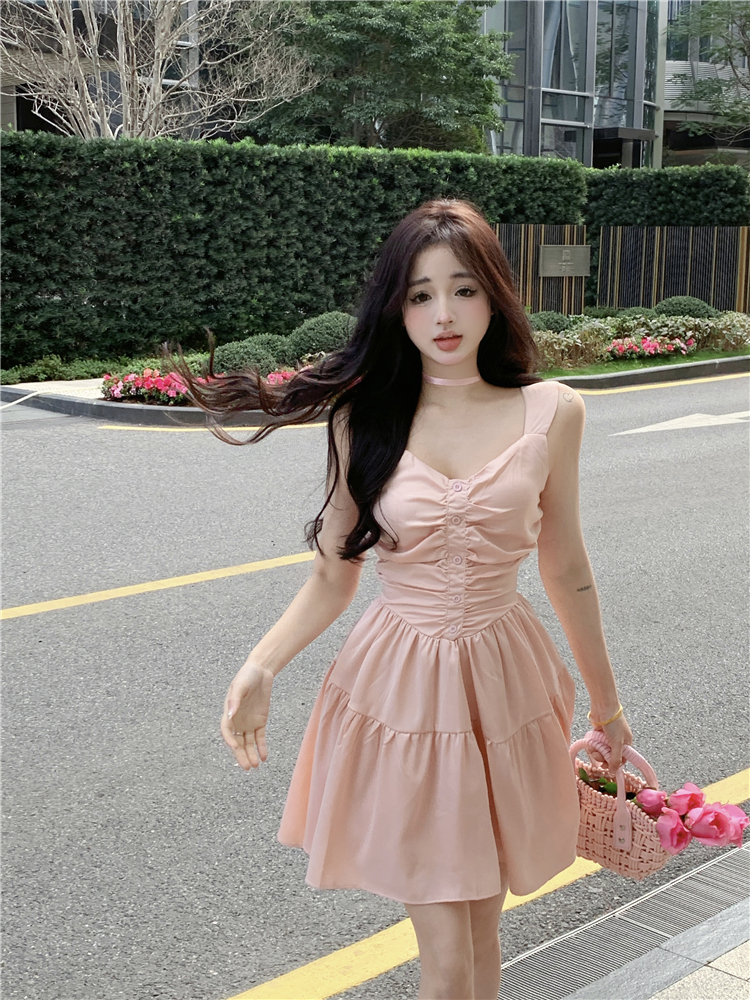 Slim sling pinched waist dress sweet spring and summer T-back