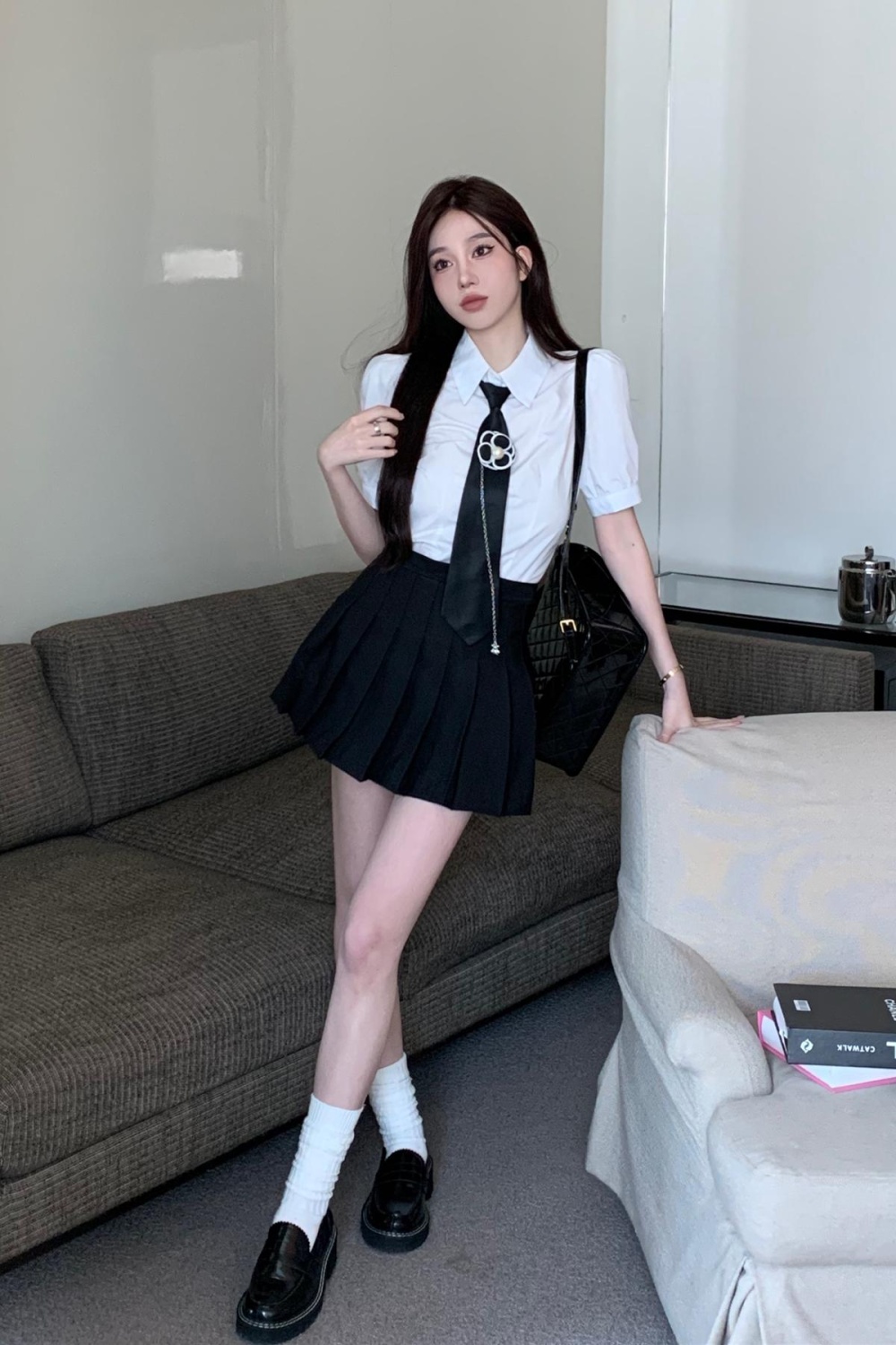 Puff sleeve Korean style shirt pleated skirt 2pcs set