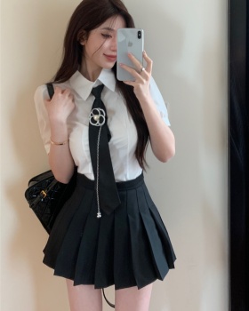 Puff sleeve Korean style shirt pleated skirt 2pcs set