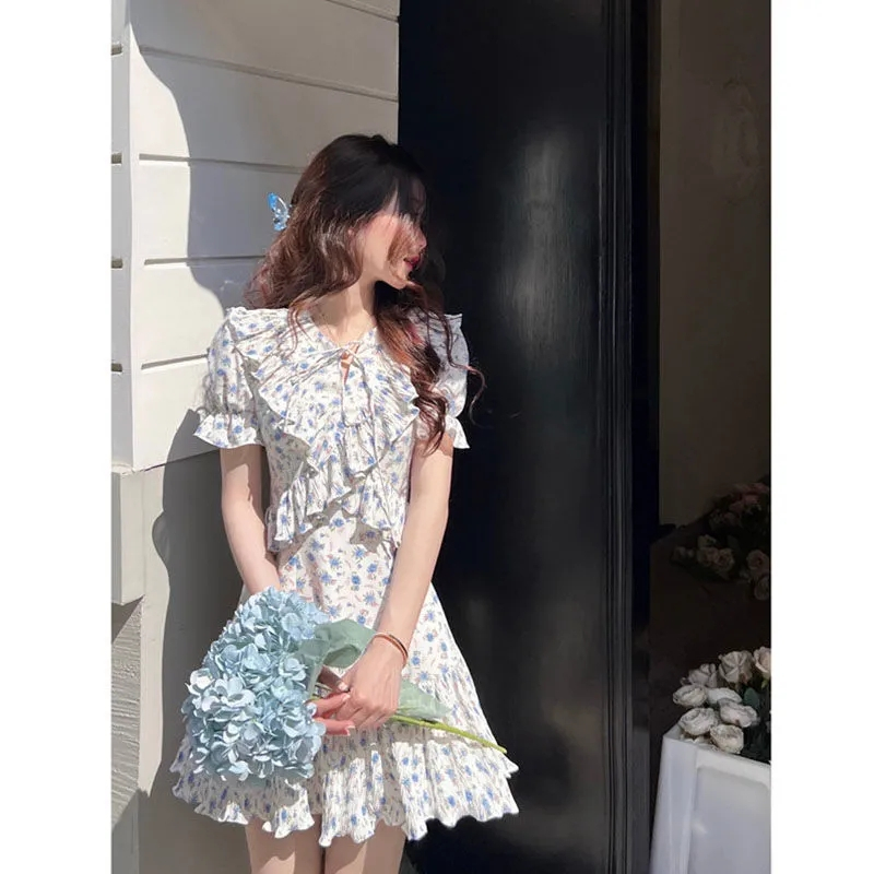 Crimp floral temperament lotus leaf summer dress