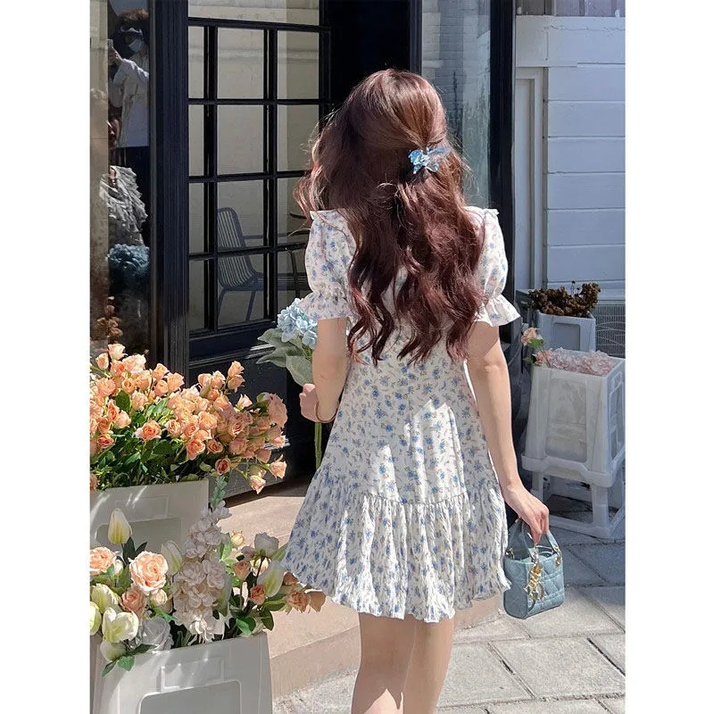 Crimp floral temperament lotus leaf summer dress