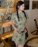 Elegant green floral cheongsam short puff sleeve summer dress