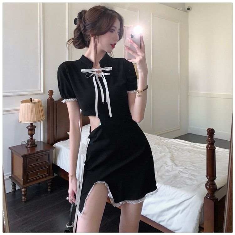 Split slim black cheongsam sexy spicegirl T-back