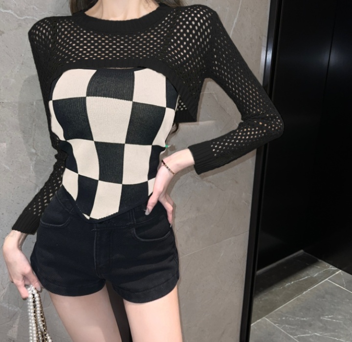 Fashion small shirt chessboard tops 2pcs set for women