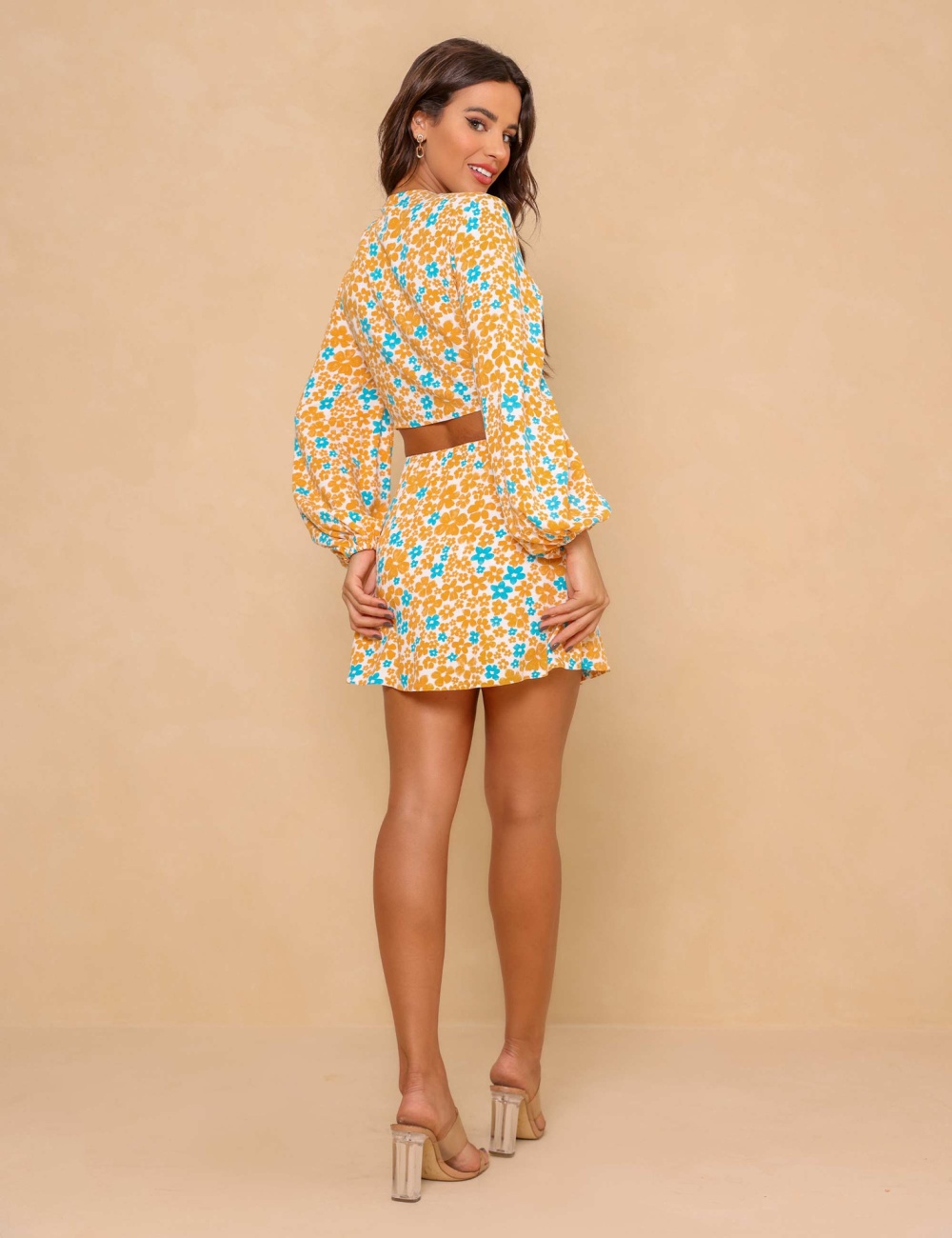 Bandage floral cardigan navel short skirt 2pcs set