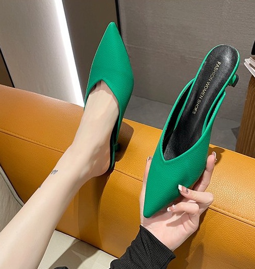 Korean style fine-root pointed middle-heel slippers for women