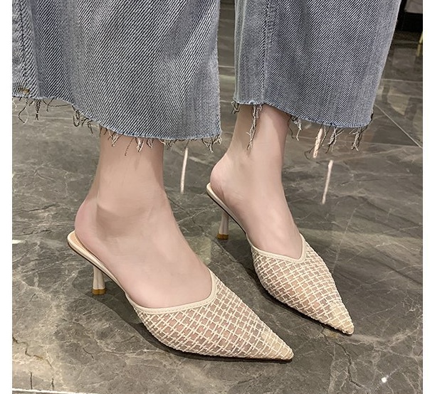 Pointed middle-heel gauze fine-root slippers for women