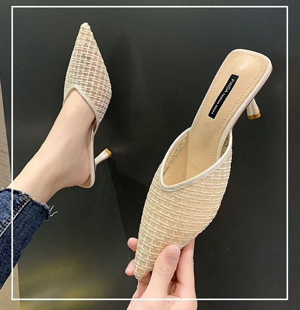 Pointed middle-heel gauze fine-root slippers for women