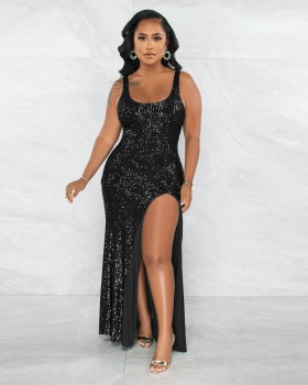 Sequins slim split European style sleeveless nightclub dress