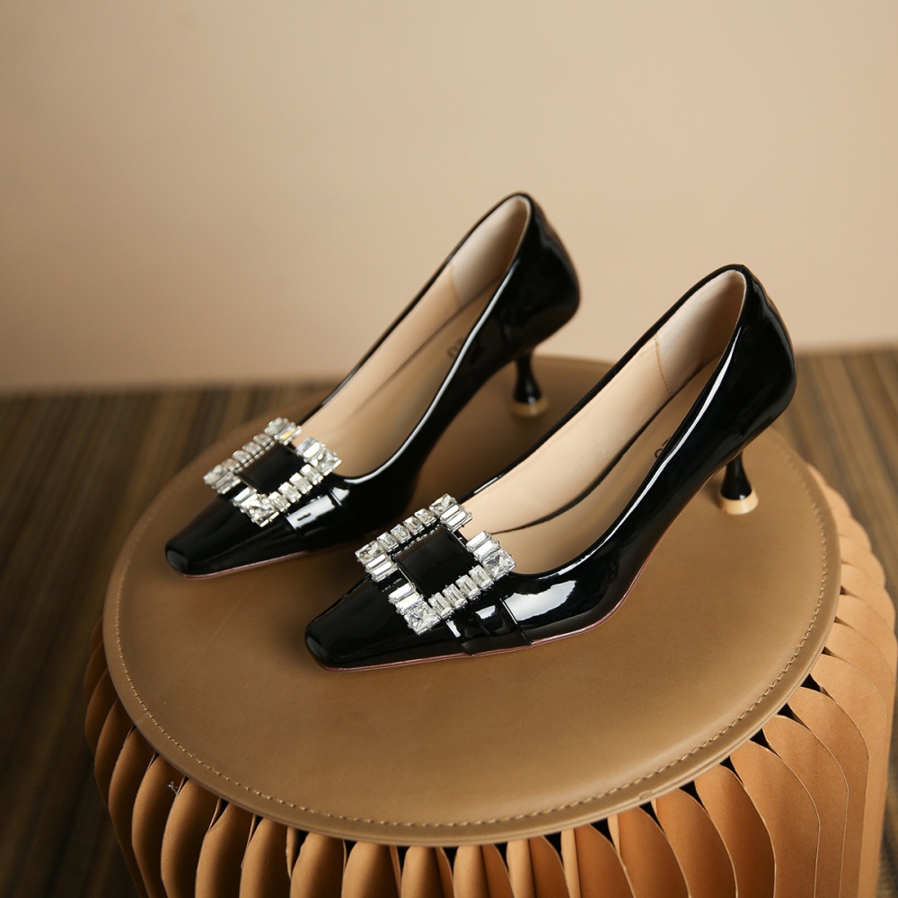 Rhinestone side buckle low pointed high-heeled flat shoes