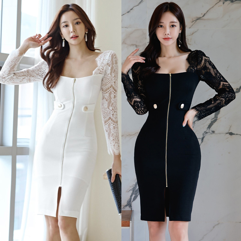 Slim zip square collar package hip dress for women