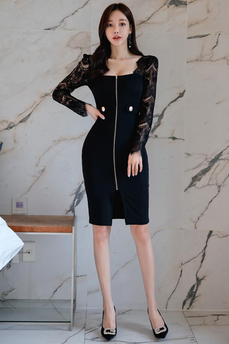 Slim zip square collar package hip dress for women