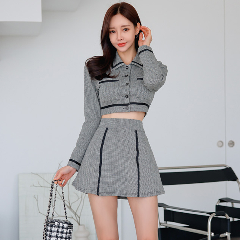 Splice spring short skirt Korean style jacket 2pcs set