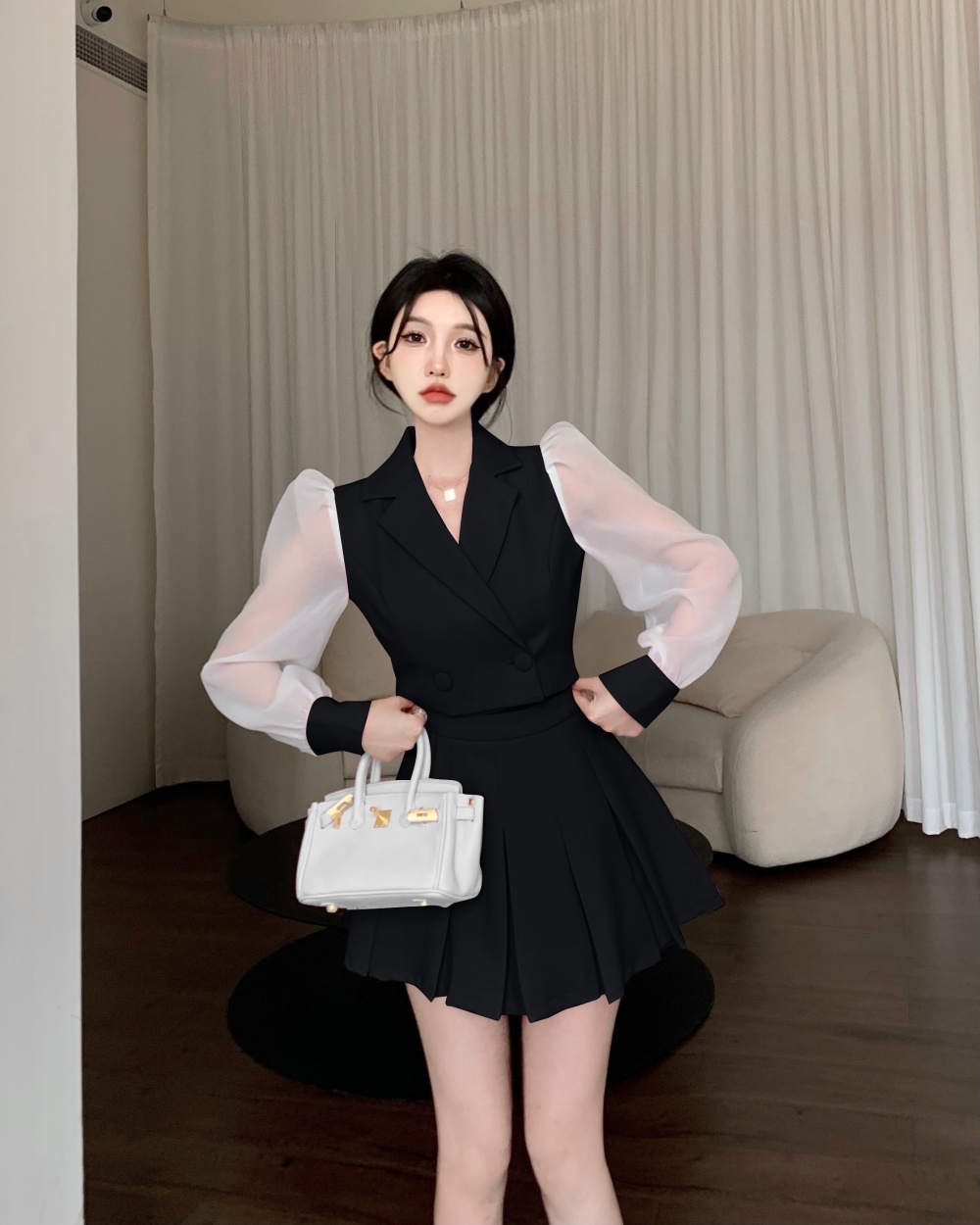 Western style splice skirt puff sleeve business suit a set
