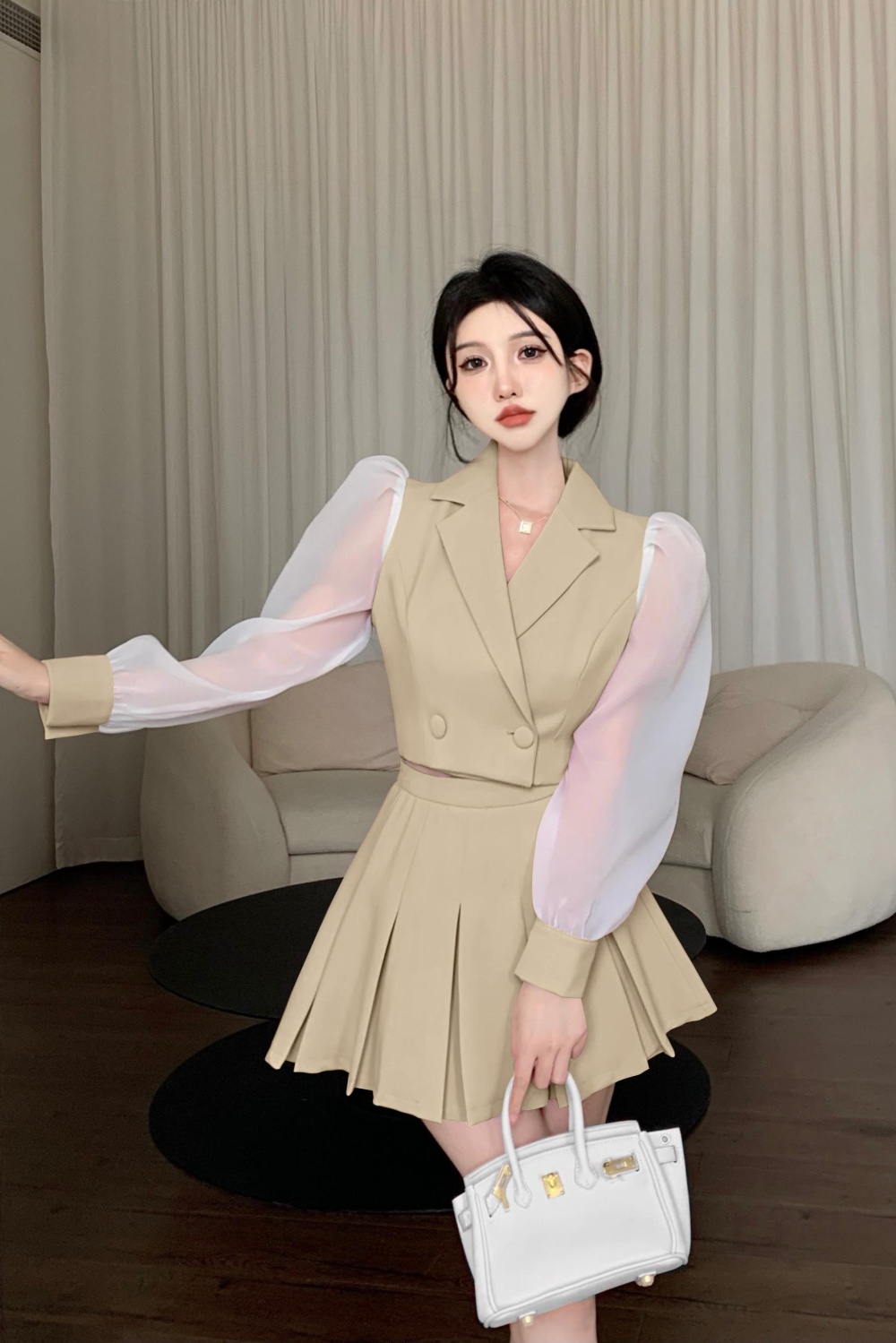 Western style splice skirt puff sleeve business suit a set