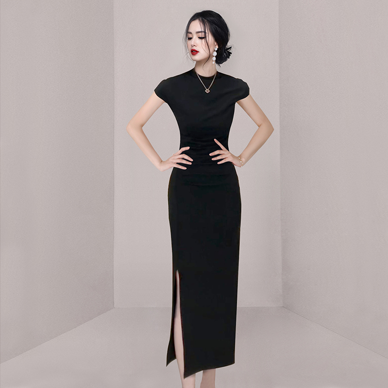 Long slim package hip spring and summer pinched waist dress