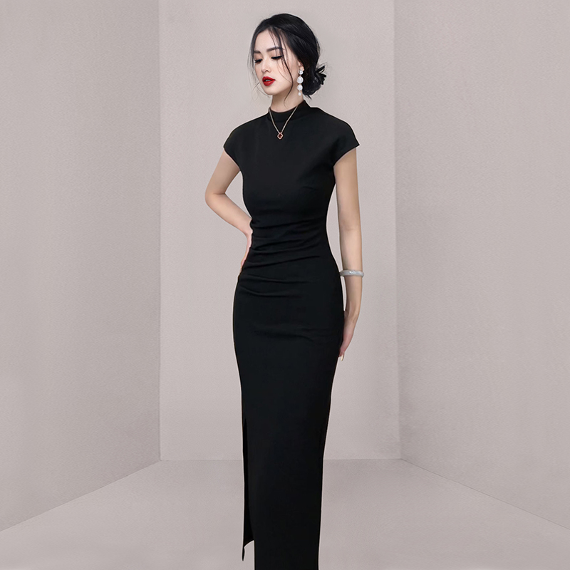 Long slim package hip spring and summer pinched waist dress