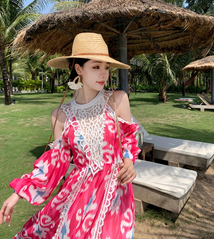 Vacation hollow splice round neck printing dress for women