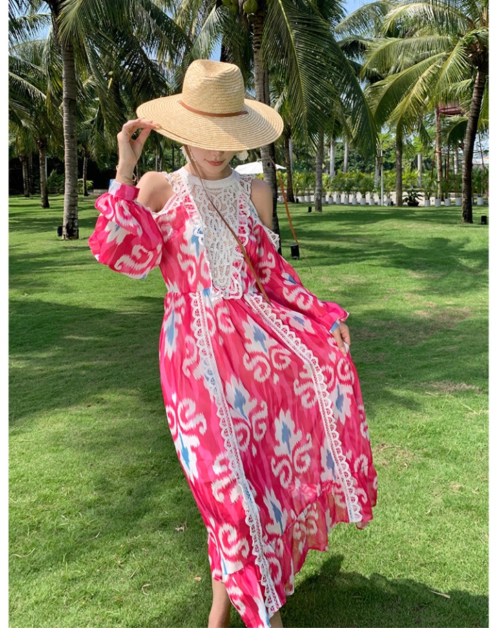 Vacation hollow splice round neck printing dress for women