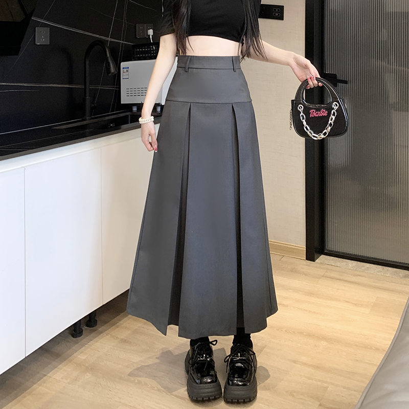Spring and summer gray pleated long high waist skirt