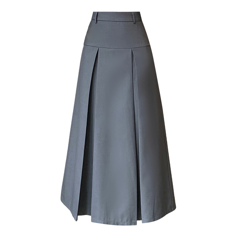 Spring and summer gray pleated long high waist skirt