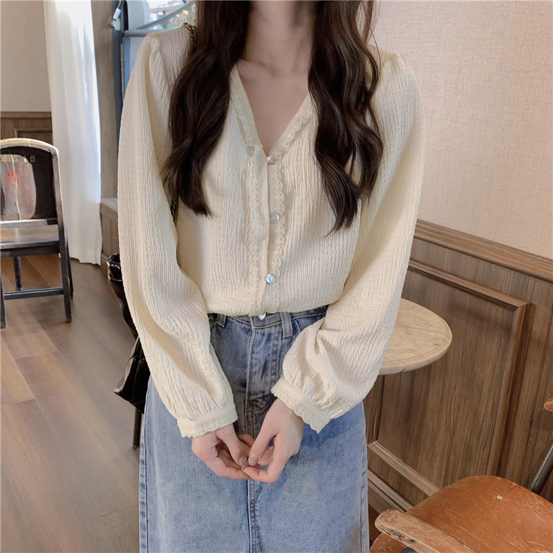 V-neck lace shirt simple Korean style tops for women