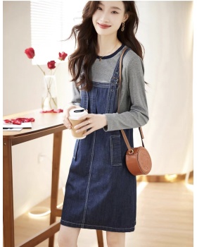Strap splice round neck dress spring Korean style denim skirt