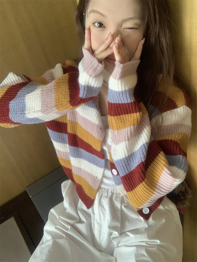 Rainbow short loose tops knitted spring cardigan