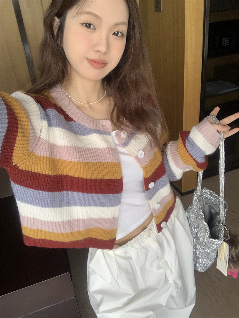 Rainbow short loose tops knitted spring cardigan