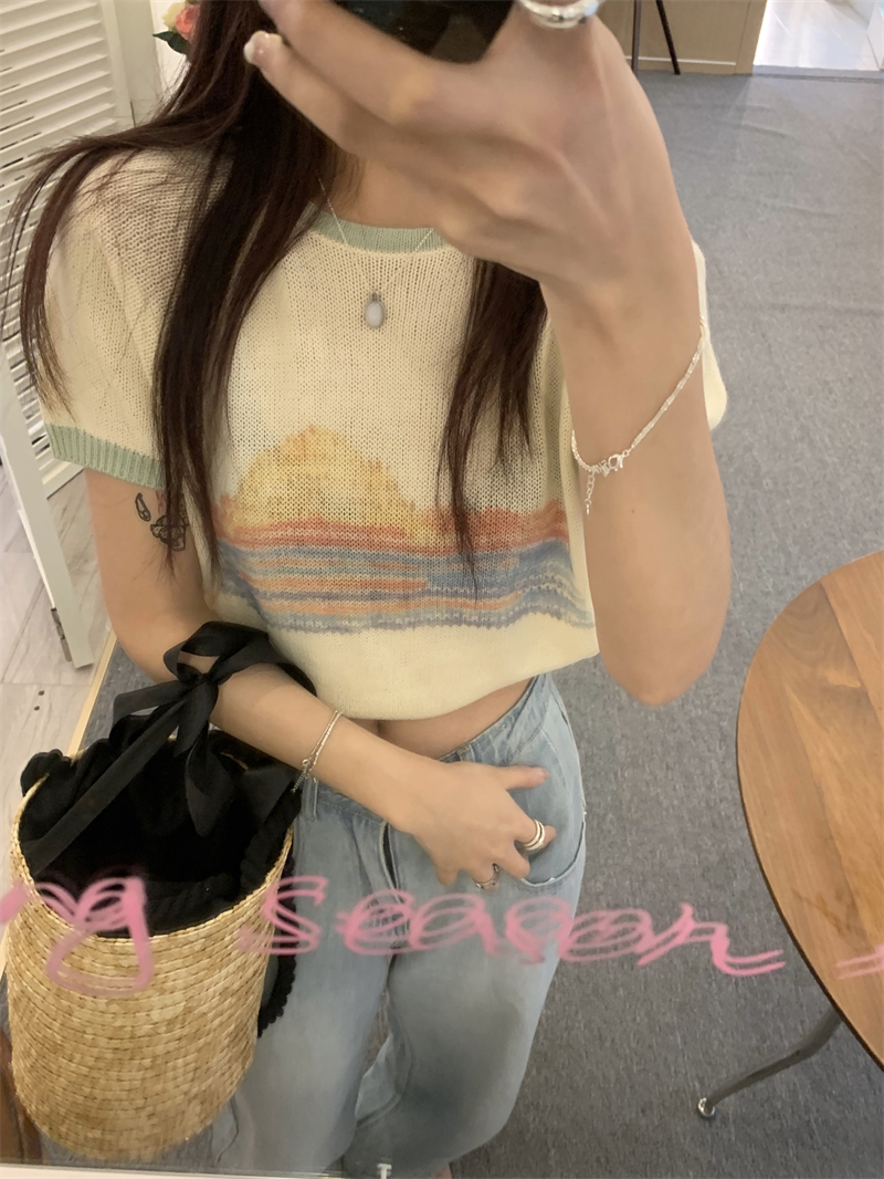 Mixed colors knitted summer printing T-shirt