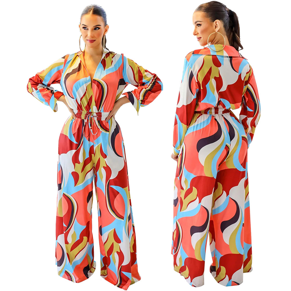 Loose printing long pants long sleeve jumpsuit