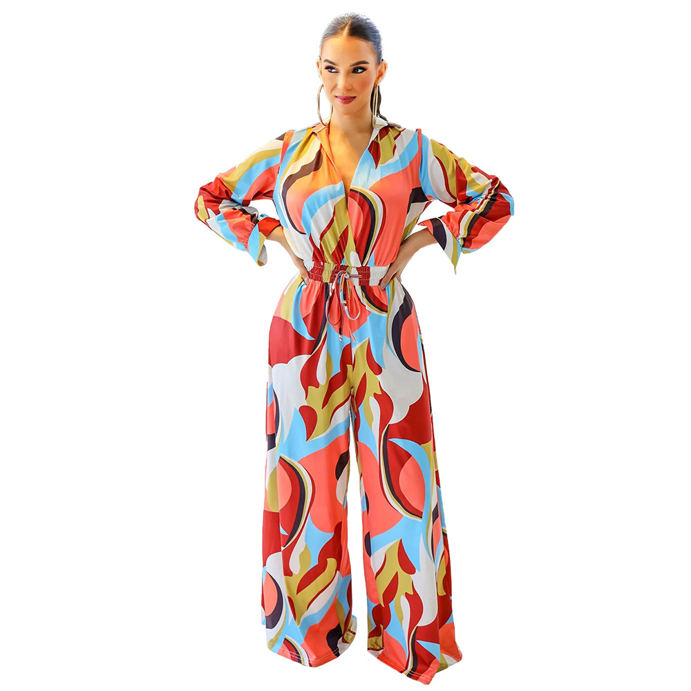 Loose printing long pants long sleeve jumpsuit