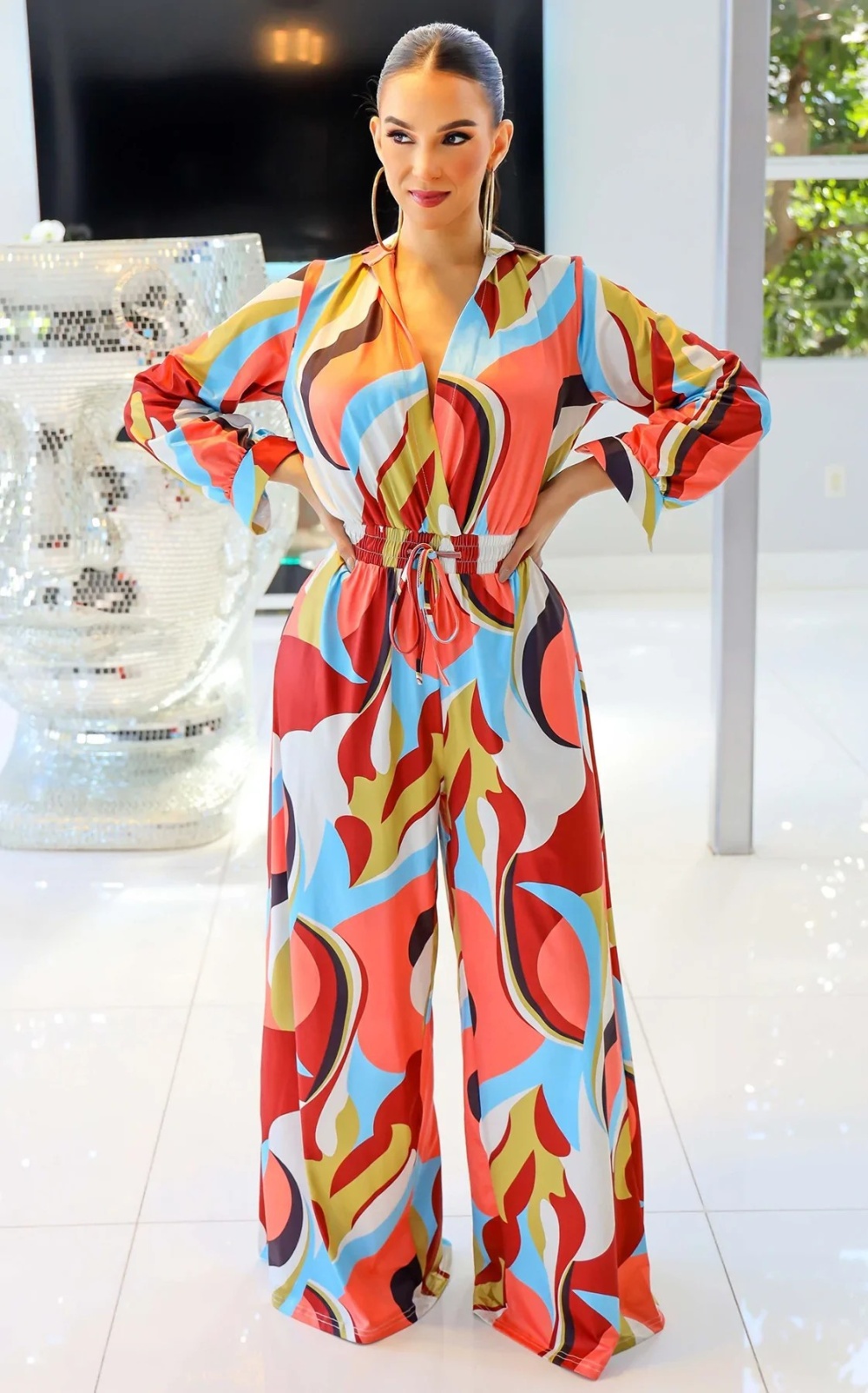 Loose printing long pants long sleeve jumpsuit