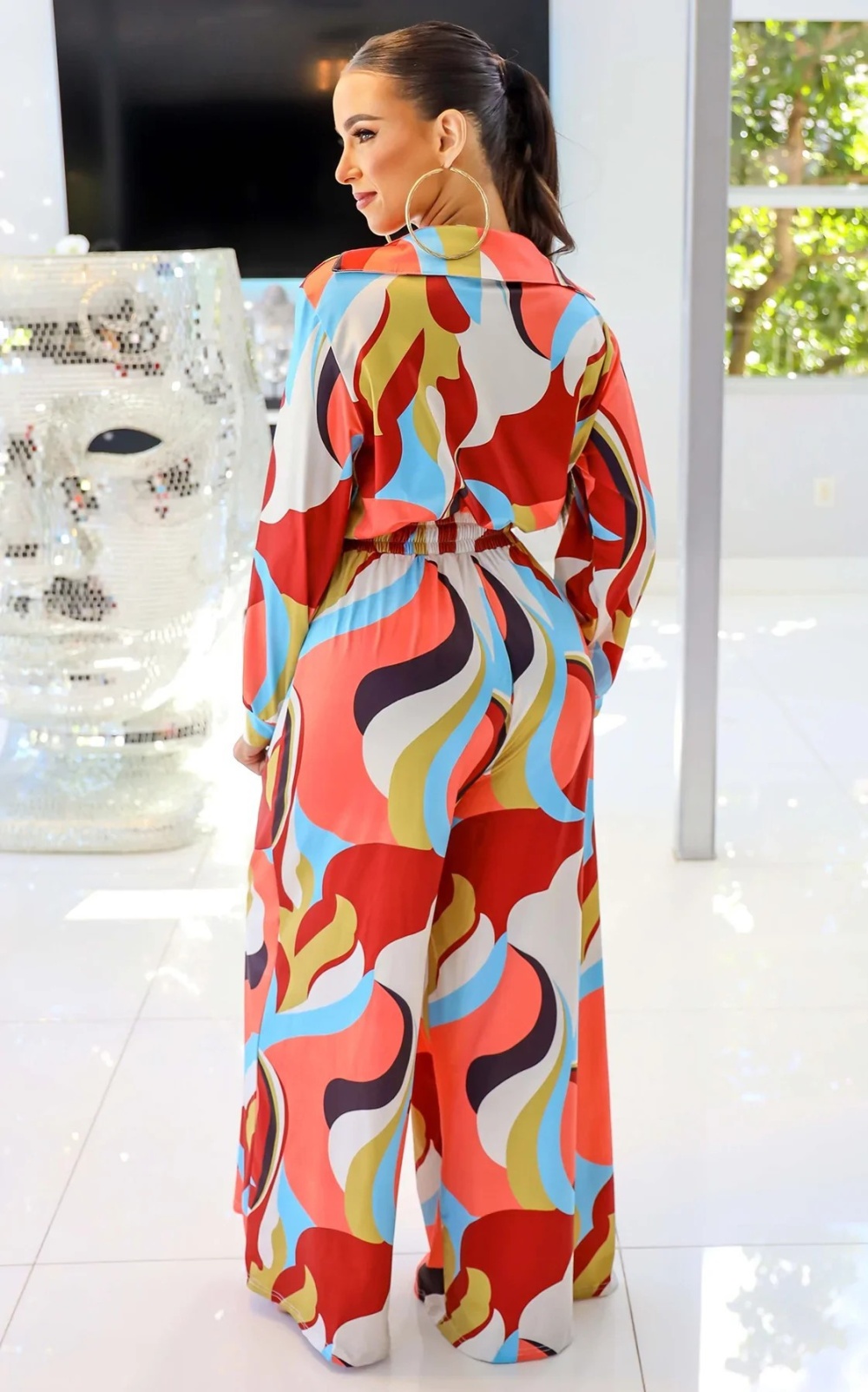 Loose printing long pants long sleeve jumpsuit