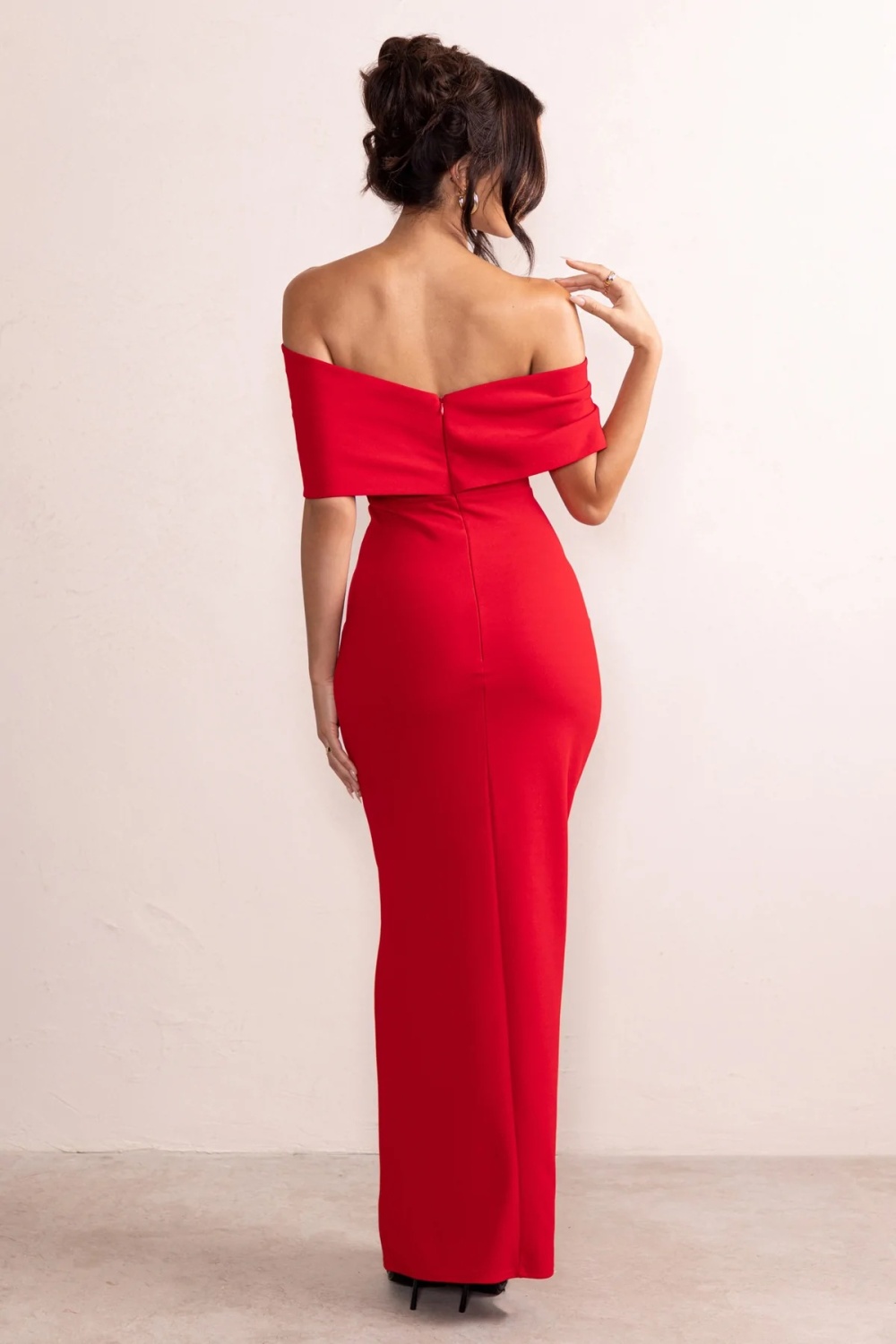 Split bow horizontal collar strapless banquet dress