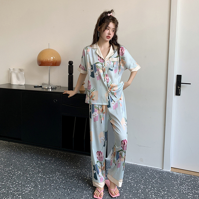 Silk jacquard satin pajamas a set for women