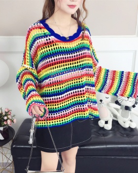Knitted round neck mixed colors hollow Korean style rainbow tops