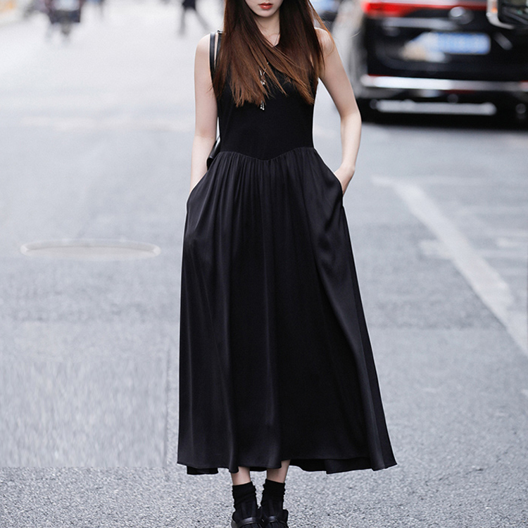 Splice spring dress black sleeveless long dress for women