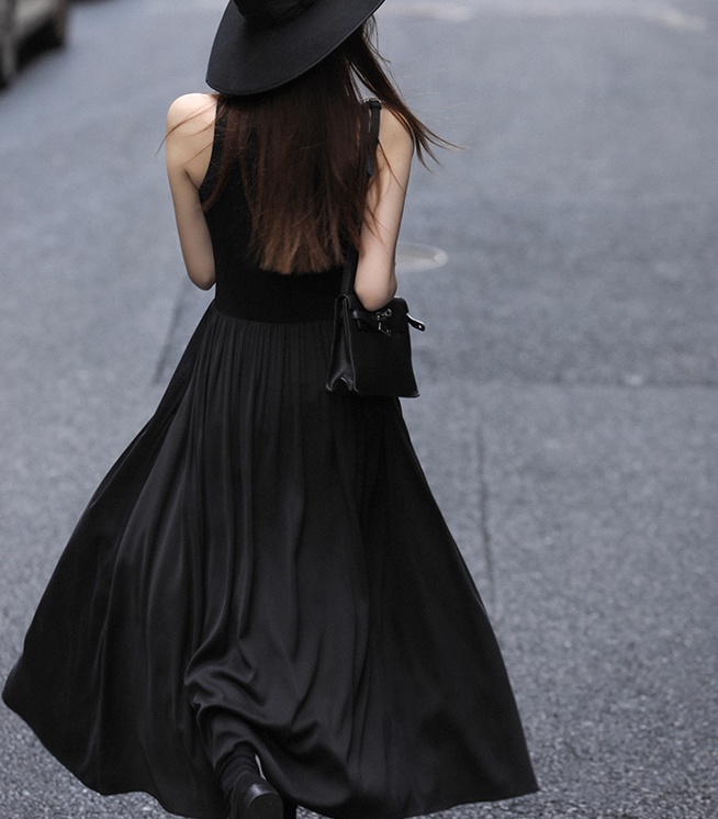 Splice spring dress black sleeveless long dress for women