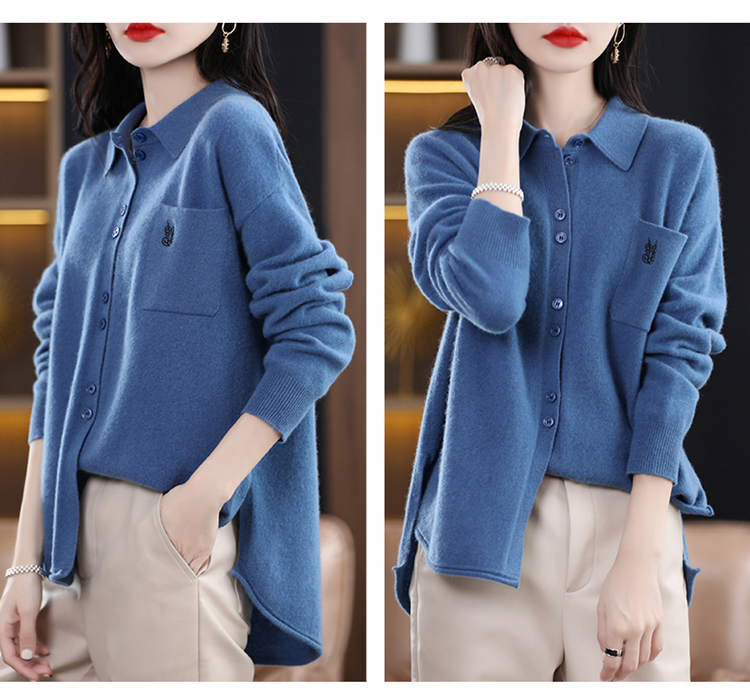 Knitted lapel cardigan embroidery shirts for women