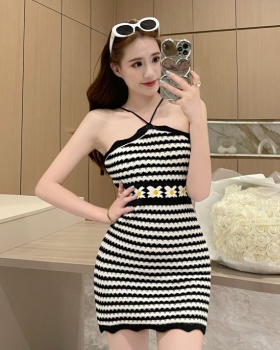 Knitted sling stripe T-back package hip hollow sexy dress