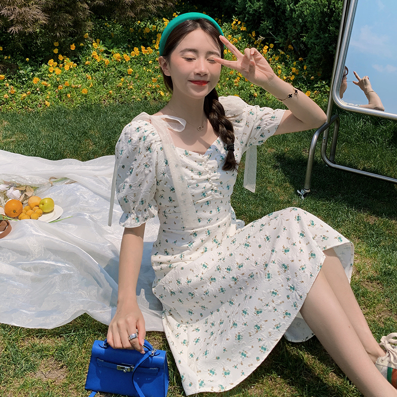 Short sleeve high waist Korean style long summer printing dress